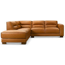 Maria 98-inch left-facing sectional sofa upholstered in cognac brown vegan eco-leather featuring an extended chaise lounge, channel-stitched back cushions, and dark wood block feet on a white background.
