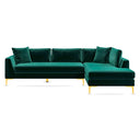 Mary 112-inch emerald green velvet right-facing sectional sofa with chaise lounge and gold metal legs on a white background