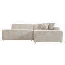 Melina 102-inch cream corduroy right-facing sectional sofa with a low-profile silhouette, wide ribbed texture, and two matching accent pillows on a white background.
