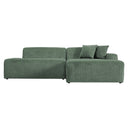 Melina 102-inch right-facing sectional sofa in olive green corduroy fabric, featuring a modern low-profile silhouette, an extended chaise on the right, and two matching throw pillows.