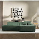 Melina 102-inch green corduroy right-facing sectional sofa with matching accent pillows, styled in a modern living room against a neutral wall with geometric art.