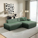 Melina 102-inch green corduroy right-facing sectional sofa with chaise and matching throw pillows on a neutral area rug in a modern living room.