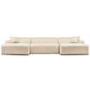 Front view of the Melissa 149-inch modern U-shape sectional sofa upholstered in cream corduroy fabric with double chaises and matching throw pillows on a white background.