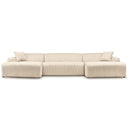 Front view of the Melissa 149-inch cream corduroy U-shaped modular sectional sofa featuring a double chaise lounge layout and matching throw pillows on a white background.