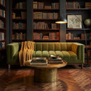 Mia 90 mid-century modern green velvet sofa with channel tufting and a yellow throw blanket, styled in a library with bookshelves and a brass coffee table.