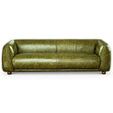 Front view of a modern olive-green distressed genuine leather sofa featuring a low profile, rounded shelter arms, a stitched bench seat cushion, and low round wooden feet against a white background.
