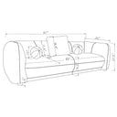 Dimension diagram of a curved sofa: 87" W x 35" D x 27.5" H, 65" seat width, 23" seat depth, 16.5" seat height, 11.4" backrest height, 2" leg height, with one 18.8" square pillow and two 10" round throw pillows.
