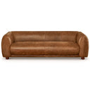 Front view of a minimalist mid-century modern brown genuine top-grain leather sofa with rounded arms and low-profile wooden legs, isolated on a clean white background.