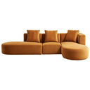 Olga 130-inch modern cognac velvet right-facing sectional sofa with rounded chaise and three matching back cushions on a white background.