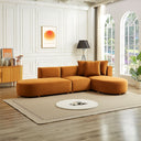 Olga 130-inch cognac velvet right-facing sectional sofa with rounded chaise and accent pillows styled in a bright modern living room