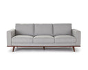 A gray upholstered Olwyn Sofa with a full wood base and wide track arms, presented against a white background.