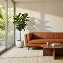 Mid-century modern Phoenix cognac leather sofa in a sunlit living room with a potted fiddle leaf fig plant, round wooden coffee table, and a textured beige rug.