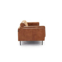 Side view of a brown, upholstered Rehan Sofa with a minimalist design, featuring a sleek backrest and seat with metallic accents.