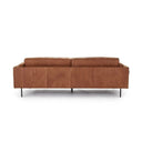 Rear view of a brown, upholstered Rehan Sofa with a minimalist design, featuring a sleek backrest and seat with metallic accents.