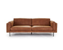 A brown, upholstered Rehan Sofa with a minimalist design, featuring a sleek backrest and seat with metallic accents.