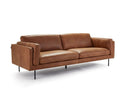 A brown, upholstered Rehan Sofa with a minimalist design, featuring a sleek backrest and seat with metallic accents.
