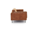 Side view of a brown, upholstered Rehan Sofa with a minimalist design, featuring a sleek backrest and seat with metallic accents.