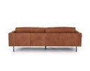 Back view of a brown, upholstered Rehan Sofa with a minimalist design, featuring a sleek backrest and seat with metallic accents.