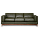 Rita 91-inch olive green top grain leather three-seater sofa featuring track arms and a wood plinth base, isolated on a white background.