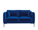 Front view of a modern dark navy velvet loveseat with two seat cushions and two bolster pillows, isolated on a white background.
