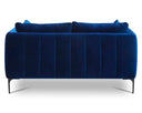 Back view of a dark navy velvet loveseat, showcasing vertical channel tufting along the entire back panel and slim, black metal legs.