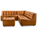 Selia 92-inch modern modular L-shaped sectional sofa and matching ottoman in cognac brown biscuit-tufted leather.