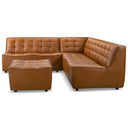 Selia 92-inch comfy chic sectional sofa with matching ottoman upholstered in cognac brown grid-tufted leather against a white background.