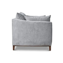 Rigt side of a gray upholstered Taylor Sofa with subtly curved arms, a solid European beech hardwood base, and tapered dark brown legs.