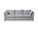 A gray upholstered Taylor Sofa with subtly curved arms, a solid European beech hardwood base, and tapered dark brown legs.