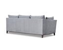back side of a gray upholstered Taylor Sofa with subtly curved arms, a solid European beech hardwood base, and tapered dark brown legs.
