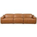 Valeria 120-inch triple power recliner sofa in tan leather, featuring a three-seater design with wide armrests, viewed from the front against a solid white background.