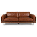 Front-facing view of the Vanessa 89-inch mid-century modern sofa in tan genuine top-grain leather, featuring plush seat and back cushions, a solid dark wood base frame, and slim black metal legs, isolated on a white background.