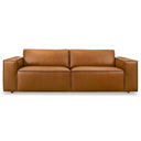 Front view of the Vanna 93-inch mid-century modern sofa upholstered in smooth cognac brown vegan eco-leather, featuring wide block armrests, deep seat cushions, and piped trim on a white background.
