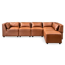 Wanda 93-inch cognac vegan leather modular sectional sofa with right-facing chaise and plush cushions on a white background