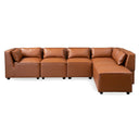 Wanda 93-inch cognac brown vegan leather modular sectional sofa with right-facing chaise and matching cushions isolated on a white background.